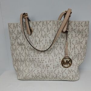 Michael Kors Ivory and Beige Signature Monogram Jet Set Tote